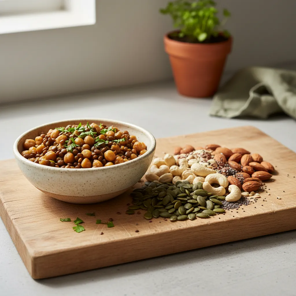 Primer plano de opciones de alimentos ricos en zinc de origen vegetal: lentejas, garbanzos, semillas de calabaza y anacardos, presentados sobre un fondo de madera clara.