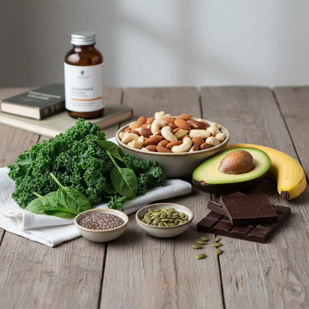 Variedad de alimentos ricos en magnesio y un suplemento, destacando los beneficios del magnesio para una dieta equilibrada y la salud ósea.