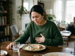 Mujer sentada a la mesa de comedor con expresión de dolor y su mano presionando el pecho, un gesto clásico de acidez o reflujo justo después de comer