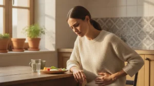 Mujer con hinchazón y molestias digestivas por estreñimiento en la cocina