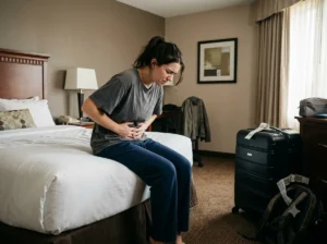 Mujer sentada en la cama de una habitación de hotel con dolor abdominal y malestar estomacal por diarrea del viajero