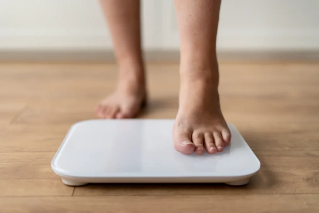 Pies descalzos sobre una báscula digital midiendo el peso corporal en una consulta de nutrición online.