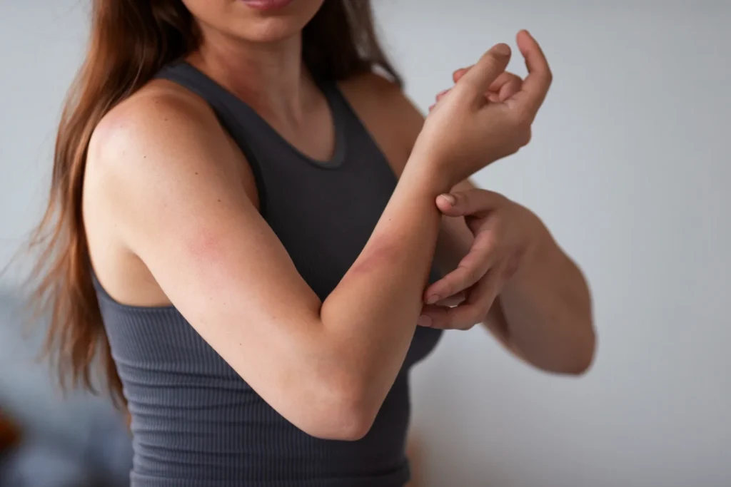 Mujer mostrando enrojecimiento e irritación en el brazo por reacción a intolerancias o alergias alimentarias.