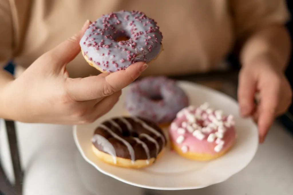Manos sosteniendo un plato con rosquillas y donuts azucarados en una sesión de psiconutrición y hambre emocional