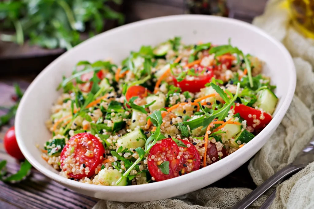 plato de quinoa con vegetales recomendados en la dieta para el colon irritable baja en fodmaps